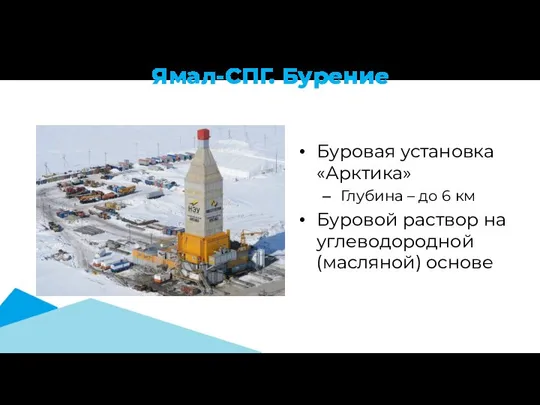 Ямал-СПГ. Бурение Буровая установка «Арктика» Глубина – до 6 км Буровой раствор на углеводородной (масляной) основе