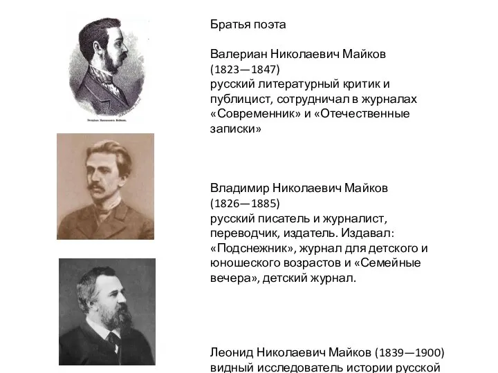 Братья поэта Валериан Николаевич Майков (1823—1847) русский литературный критик и публицист, сотрудничал