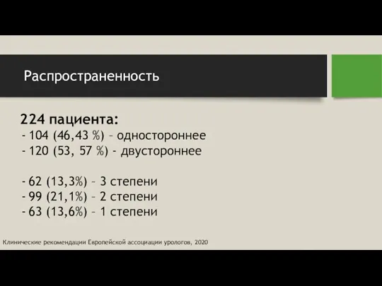 Распространенность 224 пациента: 104 (46,43 %) – одностороннее 120 (53, 57 %)