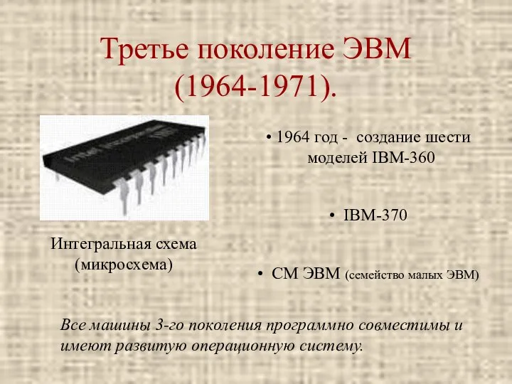 Третье поколение ЭВМ (1964-1971). Интегральная схема (микросхема) 1964 год - создание шести