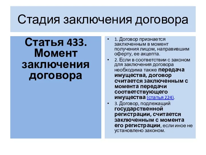 Стадия заключения договора Статья 433. Момент заключения договора 1. Договор признается заключенным