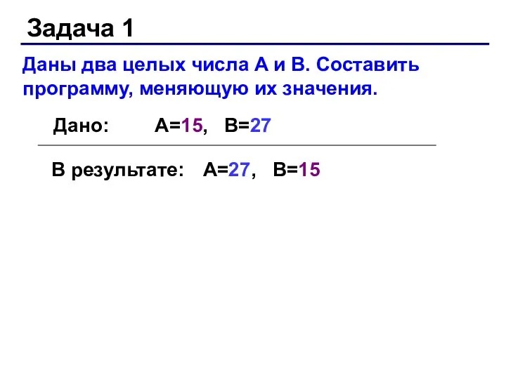 Задача 1 Даны два целых числа A и B. Составить программу, меняющую