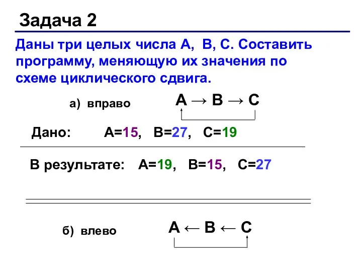 Задача 2 Даны три целых числа A, B, С. Составить программу, меняющую