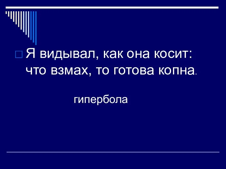 Я видывал, как она косит: что взмах, то готова копна. гипербола