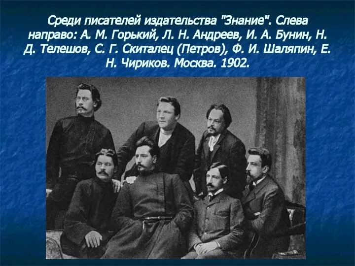 Н.В. Семёнова Среди писателей издательства "Знание". Слева направо: А. М. Горький, Л.