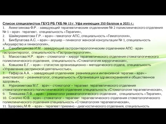 Список специалистов ГБУЗ РБ ГКБ № 13 г. Уфа имеющих 250 баллов