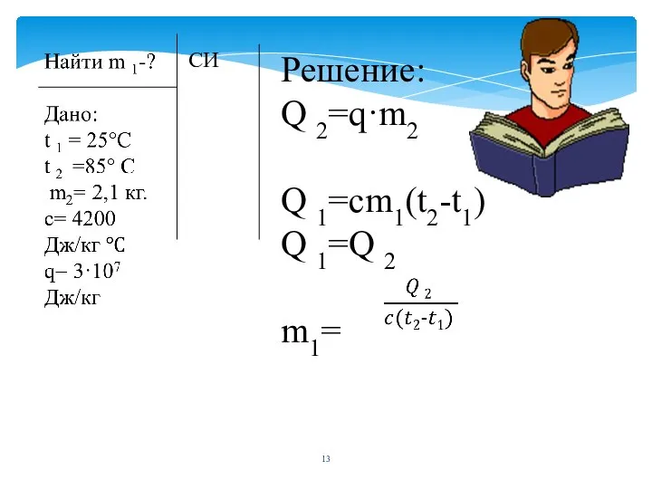 СИ Решение: Q 2=q·m2 Q 1=cm1(t2-t1) Q 1=Q 2 m1=