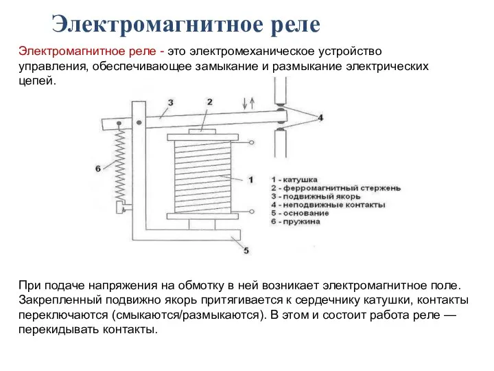 Электромагнитное реле Электромагнитное реле - это электромеханическое устройство управления, обеспечивающее замыкание и