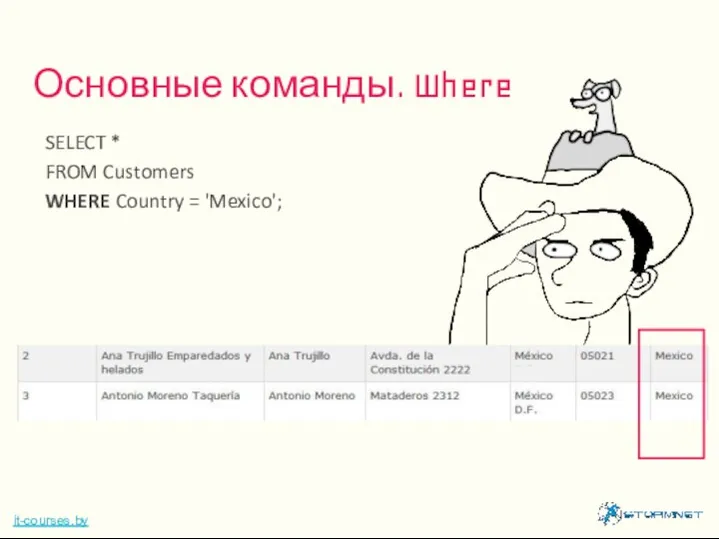 Основные команды. Where it-courses.by SELECT * FROM Customers WHERE Country = 'Mexico';