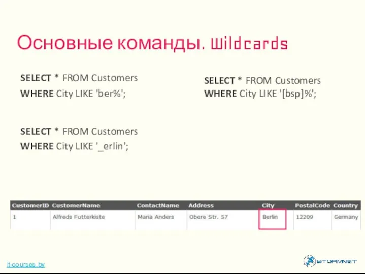 Основные команды. Wildcards it-courses.by SELECT * FROM Customers WHERE City LIKE 'ber%';