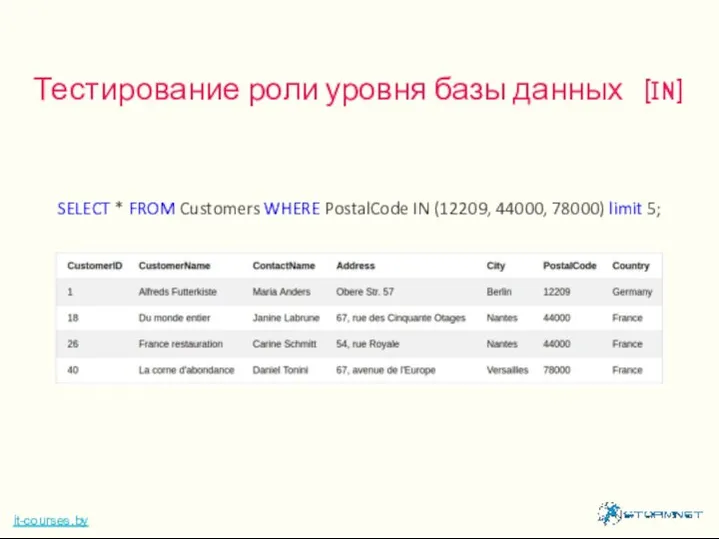 Тестирование роли уровня базы данных (IN) it-courses.by SELECT * FROM Customers WHERE