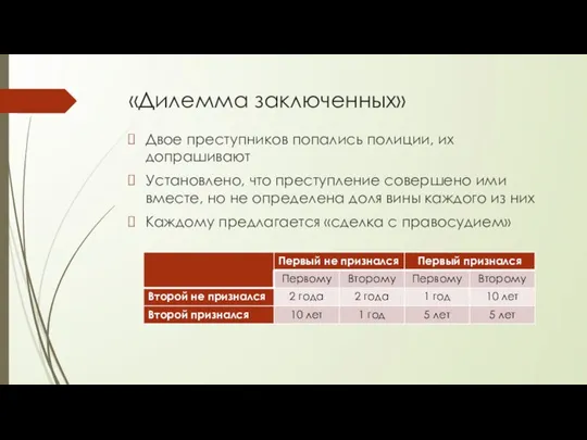 «Дилемма заключенных» Двое преступников попались полиции, их допрашивают Установлено, что преступление совершено