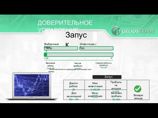 ДОВЕРИТЕЛЬНОЕ УПРАВЛЕНИЕ Запуск Выбранный план Запуск Инвестиции / $ 100 $ 100