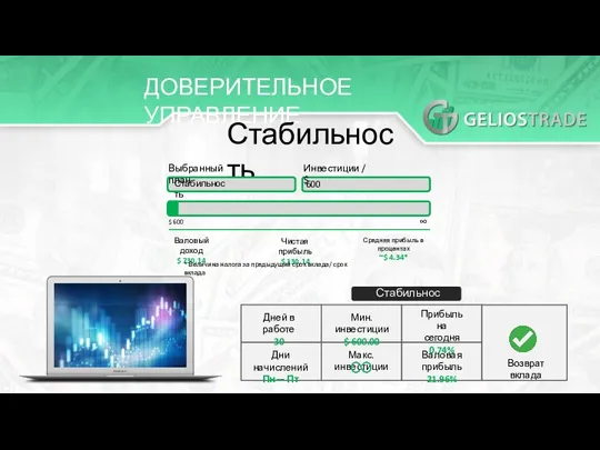 ДОВЕРИТЕЛЬНОЕ УПРАВЛЕНИЕ Стабильность Выбранный план Стабильность Инвестиции / $ 600 $ 600