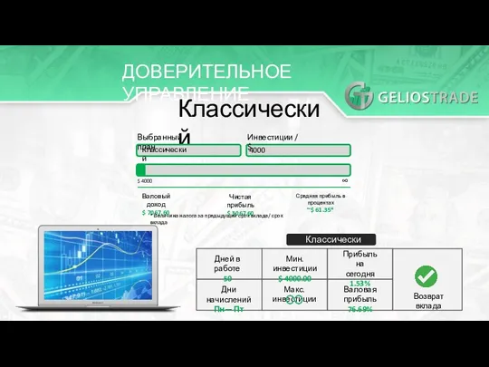 ДОВЕРИТЕЛЬНОЕ УПРАВЛЕНИЕ Классический Выбранный план Классический Инвестиции / $ 4000 $ 4000