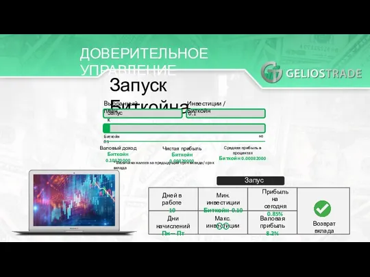 ДОВЕРИТЕЛЬНОЕ УПРАВЛЕНИЕ Запуск Биткойна Выбранный план Запуск Инвестиции / Биткойн 0.1 Биткойн