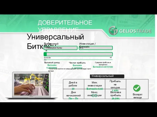 ДОВЕРИТЕЛЬНОЕ УПРАВЛЕНИЕ Универсальный Биткойн Выбранный план Универсальный Инвестиции / Биткойн 0.5 Биткойн