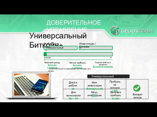 ДОВЕРИТЕЛЬНОЕ УПРАВЛЕНИЕ Универсальный Биткойн+ Выбранный план Универсальный+ Инвестиции / Биткойн 1 Биткойн