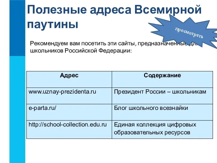 Полезные адреса Всемирной паутины Рекомендуем вам посетить эти сайты, предназначенные для школьников Российской Федерации: просмотреть