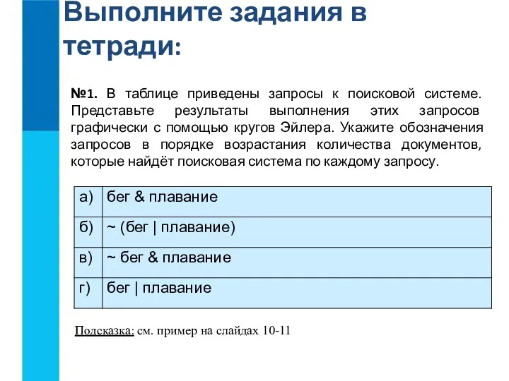 Выполните задания в тетради: №1. В таблице приведены запросы к поисковой системе.