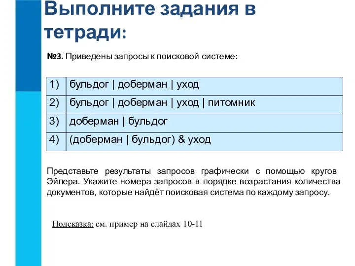 Представьте результаты запросов графически с помощью кругов Эйлера. Укажите номера запросов в