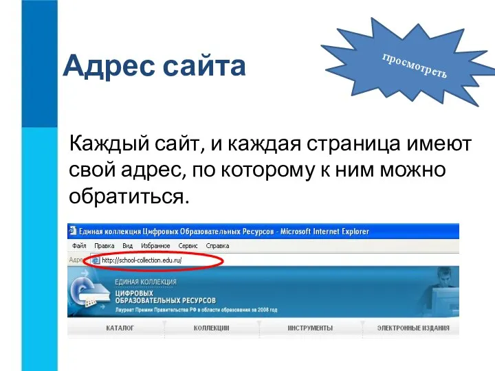 Адрес сайта Каждый сайт, и каждая страница имеют свой адрес, по которому