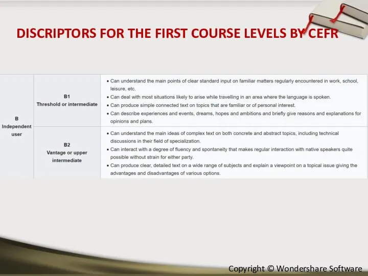 DISCRIPTORS FOR THE FIRST COURSE LEVELS BY CEFR