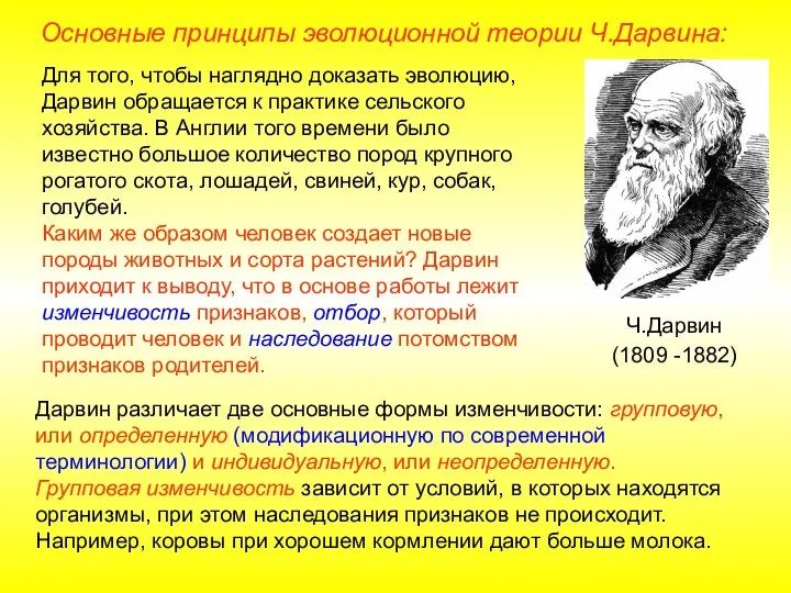 Основные принципы эволюционной теории Ч.Дарвина: Для того, чтобы наглядно доказать эволюцию, Дарвин