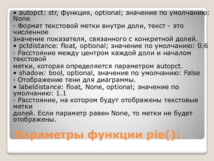 Параметры функции pie(): • autopct: str, функция, optional; значение по умолчанию: None