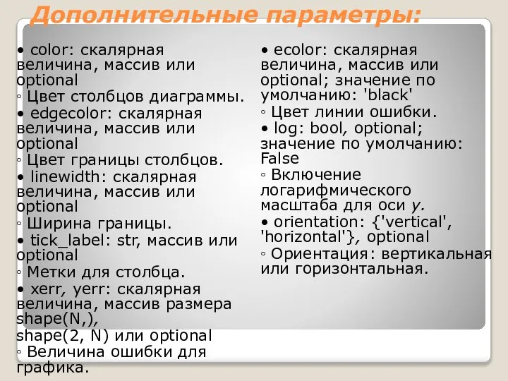 Дополнительные параметры: • color: скалярная величина, массив или optional ◦ Цвет столбцов