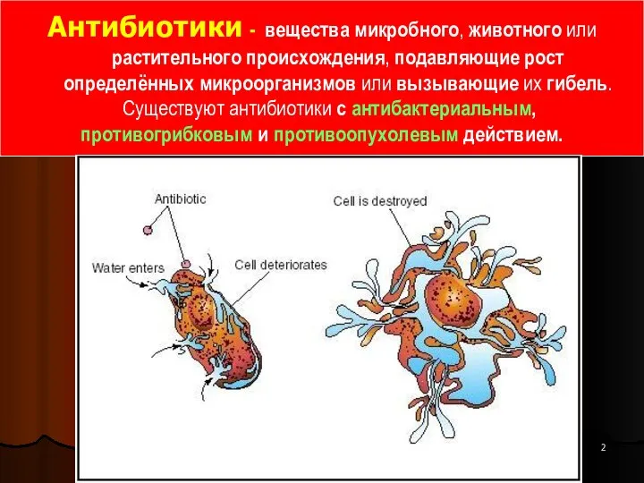 Антибиотики - вещества микробного, животного или растительного происхождения, подавляющие рост определённых микроорганизмов