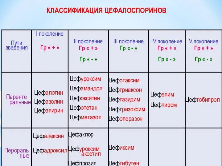 КЛАССИФИКАЦИЯ ЦЕФАЛОСПОРИНОВ