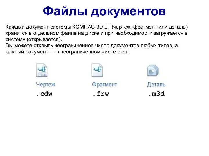 Файлы документов Каждый документ системы КОМПАС-3D LT (чертеж, фрагмент или деталь) хранится