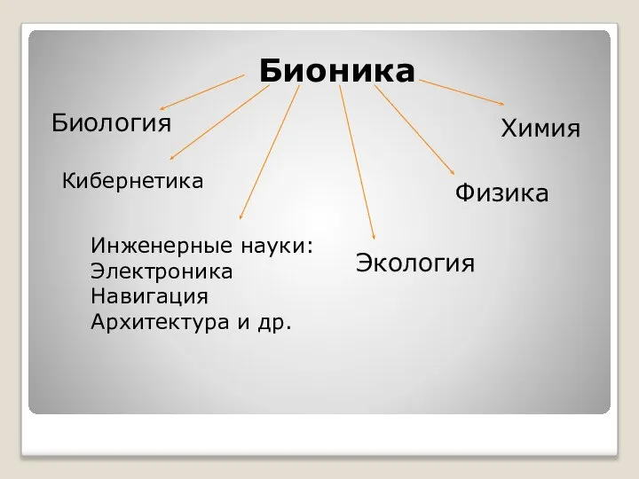 Бионика Биология Химия Кибернетика Физика Экология Инженерные науки: Электроника Навигация Архитектура и др.