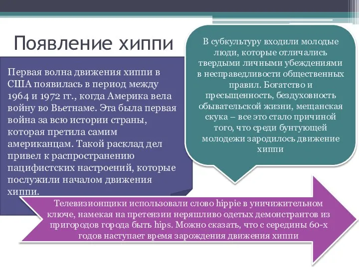 Появление хиппи Первая волна движения хиппи в США появилась в период между