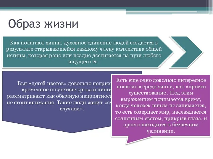 Образ жизни Как полагают хиппи, духовное единение людей создается в результате открывающейся