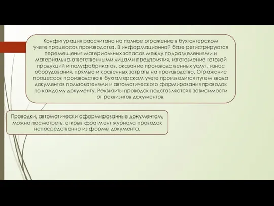 Конфигурация рассчитана на полное отражение в бухгалтерском учете процессов производства. В информационной