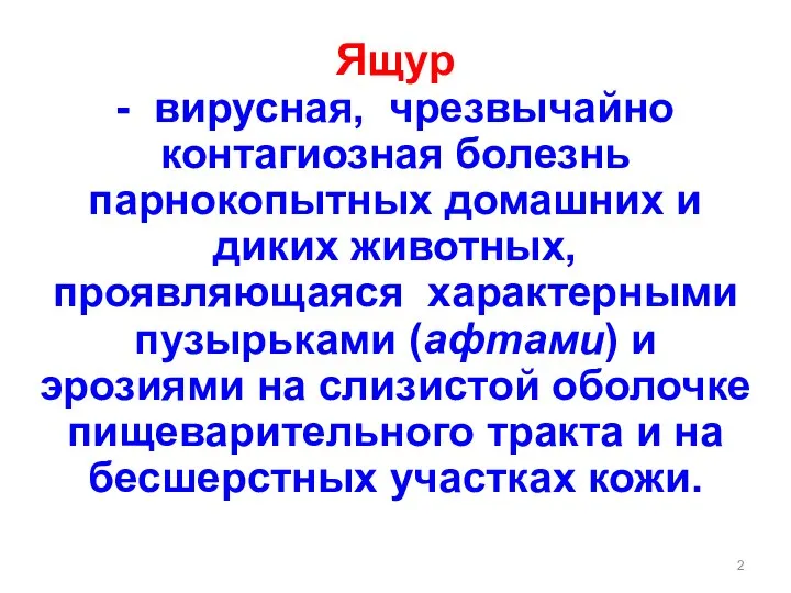 Ящур - вирусная, чрезвычайно контагиозная болезнь парнокопытных домашних и диких животных, проявляющаяся