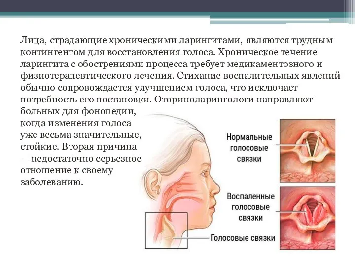 Лица, страдающие хроническими ларингитами, являются трудным контингентом для восстановления голоса. Хроническое течение