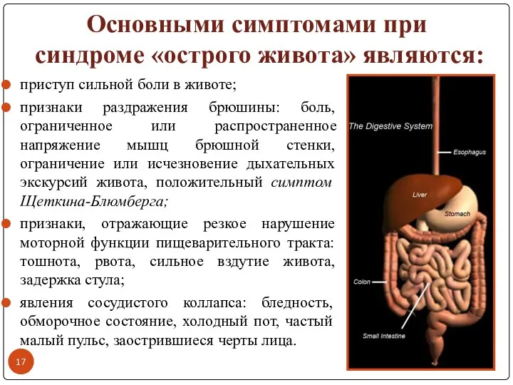 Основными симптомами при синдроме «острого живота» являются: приступ сильной боли в животе;