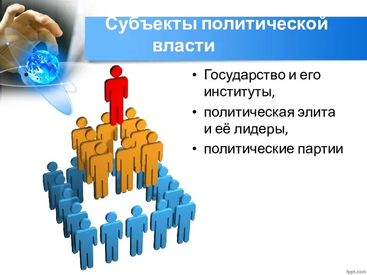 Субъекты политической власти . Государство и его институты, политическая элита и её лидеры, политические партии