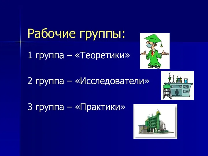 Рабочие группы: 1 группа – «Теоретики» 2 группа – «Исследователи» 3 группа – «Практики»