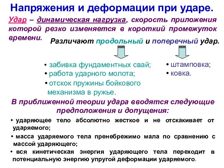 Напряжения и деформации при ударе. Удар – динамическая нагрузка, скорость приложения которой