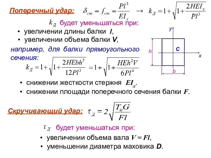 Поперечный удар: → будет уменьшаться при: увеличении длины балки l, увеличении объема