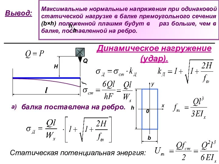 Вывод: Динамическое нагружение (удар). а) балка поставлена на ребро. Статическая потенциальная энергия: