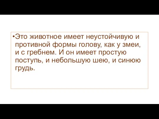 Это животное имеет неустойчивую и противной формы голову, как у змеи, и