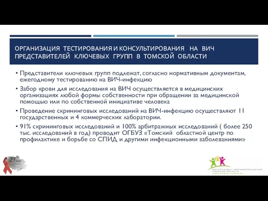 ОРГАНИЗАЦИЯ ТЕСТИРОВАНИЯ И КОНСУЛЬТИРОВАНИЯ НА ВИЧ ПРЕДСТАВИТЕЛЕЙ КЛЮЧЕВЫХ ГРУПП В ТОМСКОЙ ОБЛАСТИ