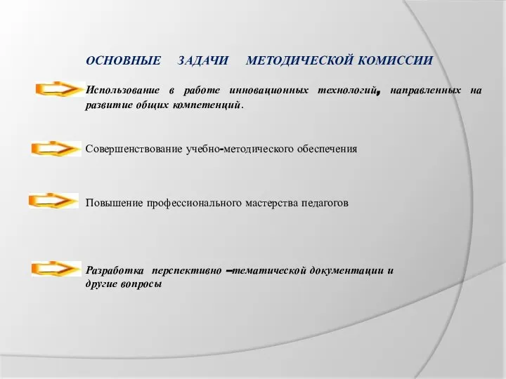 ОСНОВНЫЕ ЗАДАЧИ МЕТОДИЧЕСКОЙ КОМИССИИ Использование в работе инновационных технологий, направленных на развитие