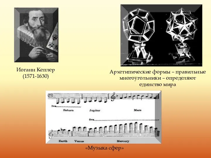 Иоганн Кеплер (1571-1630) «Музыка сфер» Архетипические формы – правильные многоугольники – определяют единство мира