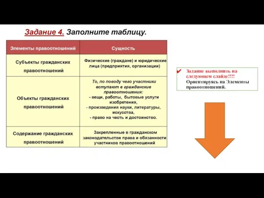 Задание выполнить на следующем слайде!!!! Ориентируясь на Элементы правоотношений.